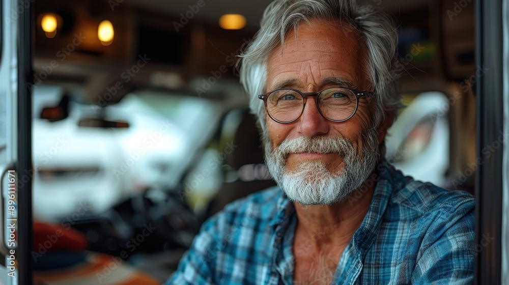 An elderly man with glasses and a plaid shirt sits indoors, suggesting a moment of relaxation in a cozy setting with a pleasant and warm atmosphere. An elderly man with glasses and a plaid shirt sits indoors, suggesting a moment of relaxation in a cozy setting with a pleasant and warm atmosphere.