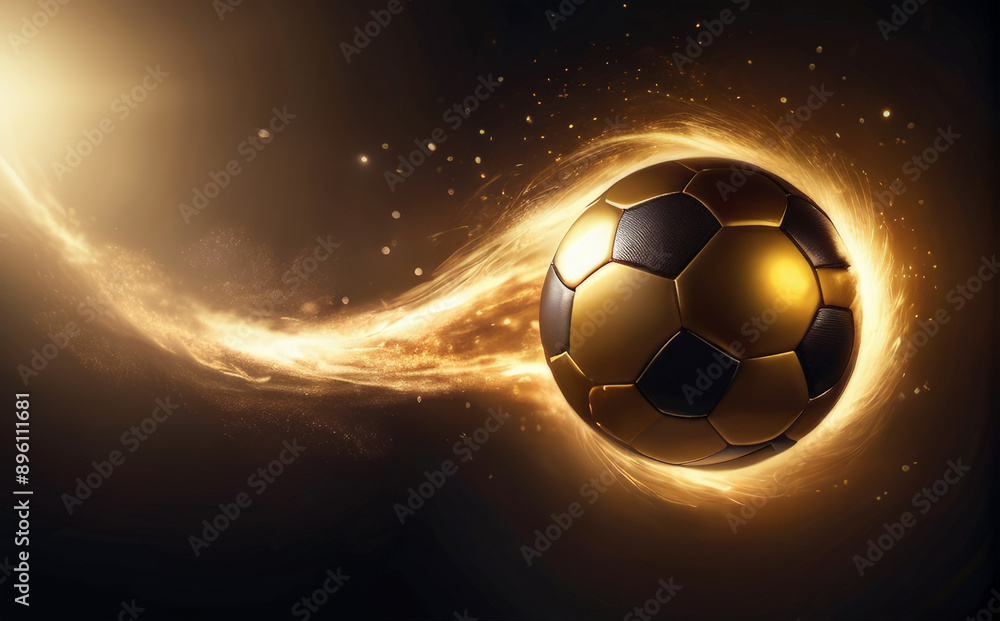 Naklejka premium Golden soccer ball in motion on a dark background, energy fire
