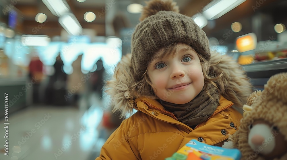 A cheerful child, wearing a yellow jacket and woolen hat, holds a teddy bear while standing in a busy, well-lit airport setting with a background of people and lights. A cheerful child, wearing a yellow jacket and woolen hat, holds a teddy bear while standing in a busy, well-lit airport setting with a background of people and lights.
