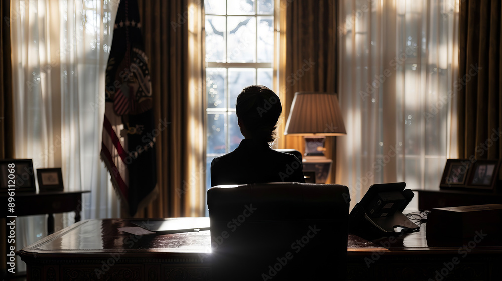 In the Oval Office, a silhouette of a female president sitting at the presidential desk. Silhouette of woman at desk in executive office. Political leadership and decision-making concept. In the Oval Office, a silhouette of a female president sitting at the presidential desk. Silhouette of woman at desk in executive office. Political leadership and decision-making concept.