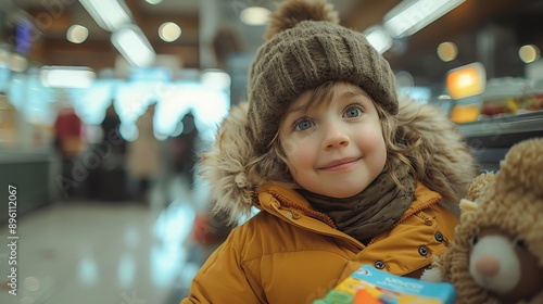 Wallpaper Mural A cheerful child, wearing a yellow jacket and woolen hat, holds a teddy bear while standing in a busy, well-lit airport setting with a background of people and lights. Torontodigital.ca