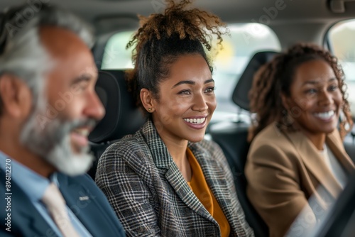 Business professionals commuting in a car. Three smiling colleagues share a ride, promoting teamwork, commuting, and worklife balance. Ideal for corporate materials and lifestyle promotions