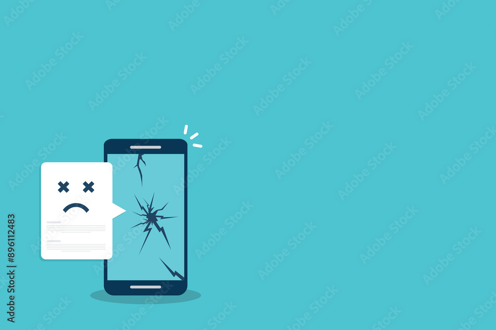 Broken smartphone with sad smile notification. Broken phone service, recovery and repair concept. Broken smartphone with sad smile notification. Broken phone service, recovery and repair concept.