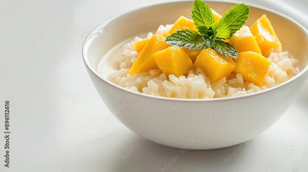 Mango sticky rice with coconut milk, served in a delicate white ceramic bowl Mango sticky rice with coconut milk, served in a delicate white ceramic bowl