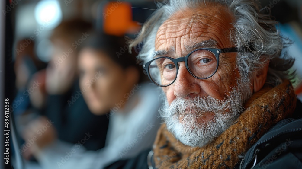 An elderly person with gray hair and glasses sits thoughtfully on public transport, showcasing relaxation and contemplation amidst other passengers, with the urban city view outside. An elderly person with gray hair and glasses sits thoughtfully on public transport, showcasing relaxation and contemplation amidst other passengers, with the urban city view outside.