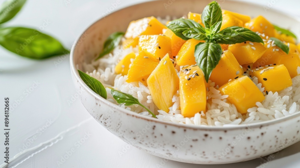 Mango sticky rice with coconut milk, served in a delicate white ceramic bowl Mango sticky rice with coconut milk, served in a delicate white ceramic bowl