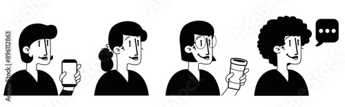 Illustration cartoon de femmes modernes en noir et blanc