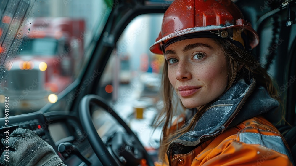 A female construction worker wearing safety gear smiles while sitting in the cabin of a construction vehicle, with trucks visible in the background. A female construction worker wearing safety gear smiles while sitting in the cabin of a construction vehicle, with trucks visible in the background.