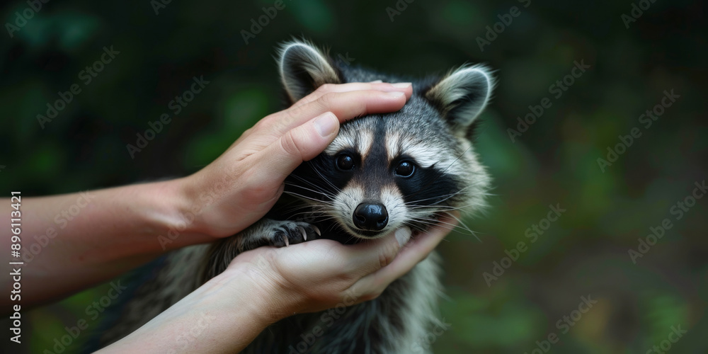 Obraz premium Woman stroking the head of a cute raccoon in the park.