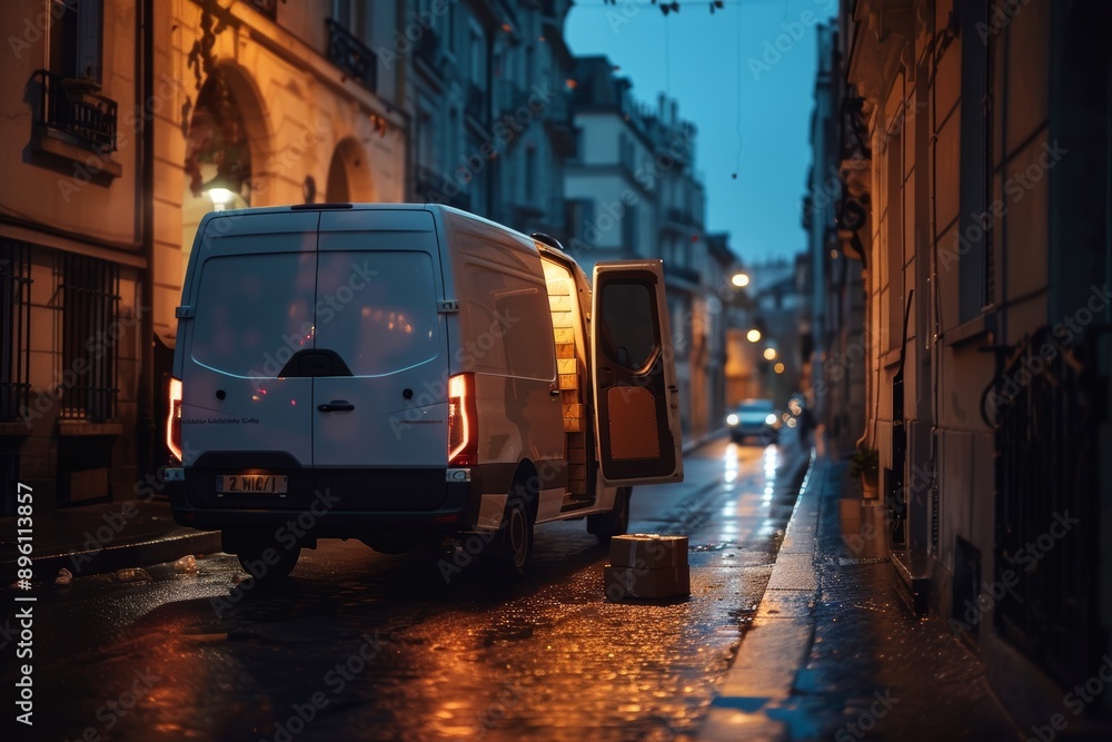 Nighttime Delivery Vehicle on Quiet Street with Open Doors Highlighting Parcels Inside Nighttime Delivery Vehicle on Quiet Street with Open Doors Highlighting Parcels Inside