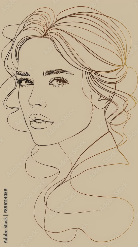 Elegant Feminine Facial Portrait in Continuous Line Art Elegant Feminine Facial Portrait in Continuous Line Art