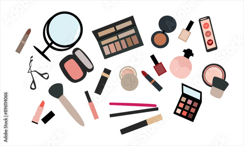 Makeup set with decorative beauty products. Skin, eyes, lips cosmetics and accessories for make-up.