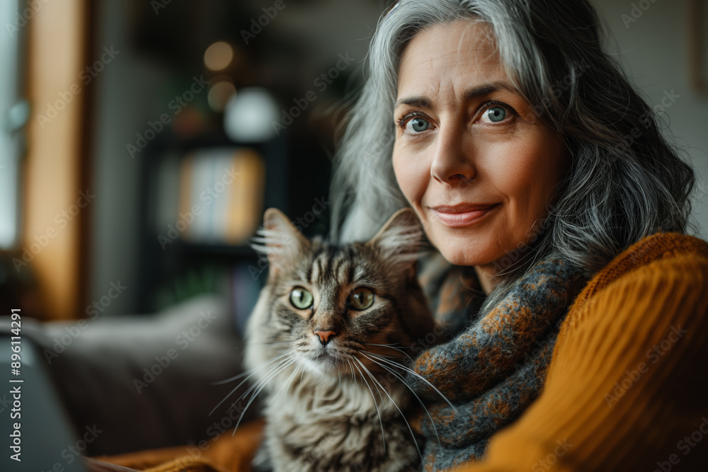 Mature woman with a cat at home. A serene moment of a woman and her pet, symbolizing companionship and comfort. Ideal for lifestyle blogs, pet care articles, and advertisements. Mature woman with a cat at home. A serene moment of a woman and her pet, symbolizing companionship and comfort. Ideal for lifestyle blogs, pet care articles, and advertisements.