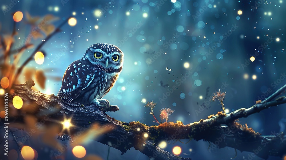 Cute little owl sitting on a tree branch at night
