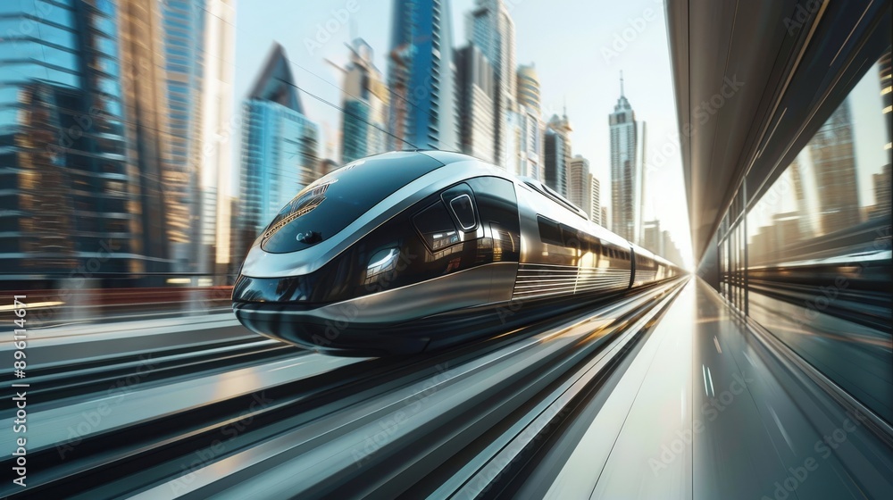 Modern high speed train speeding through futuristic city centre Modern high speed train speeding through futuristic city centre