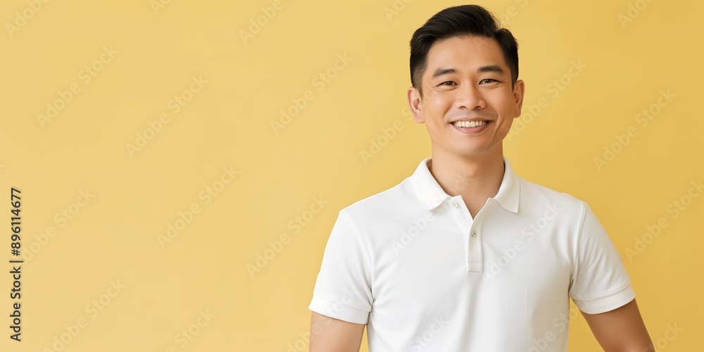 Cheerful young man in white polo shirt. Ideal for conveying positivity, friendliness, and confidence. Great for marketing, advertisements, or editorial content in lifestyle and business themes Cheerful young man in white polo shirt. Ideal for conveying positivity, friendliness, and confidence. Great for marketing, advertisements, or editorial content in lifestyle and business themes