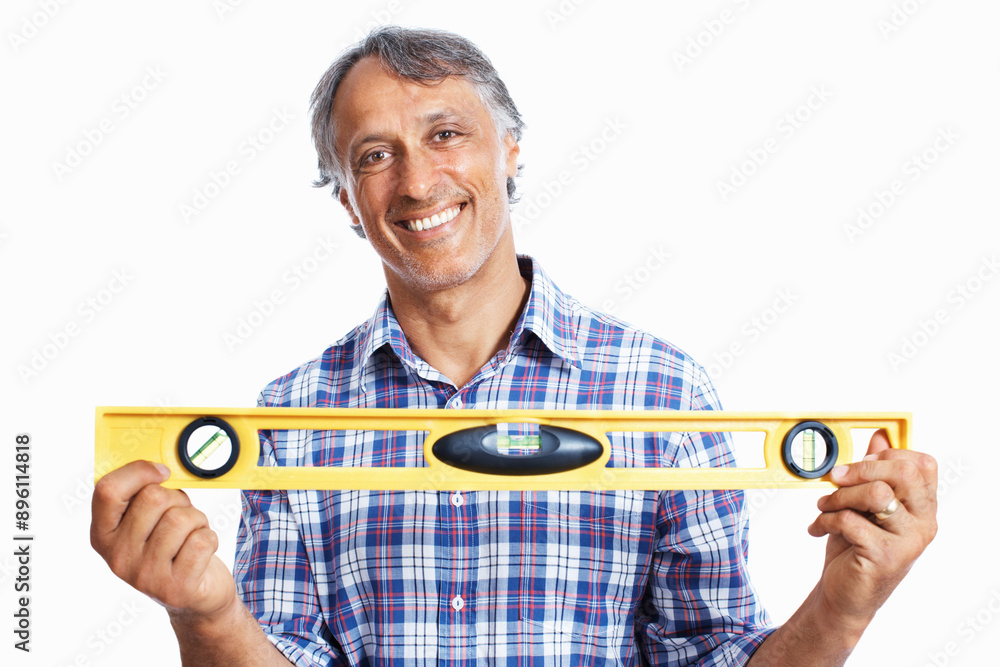 Spirit level, studio and portrait of man, equipment and business for builder in project, entrepreneur and happy. White background, industry and carpenter in workshop and smile of goal for contractor Spirit level, studio and portrait of man, equipment and business for builder in project, entrepreneur and happy. White background, industry and carpenter in workshop and smile of goal for contractor