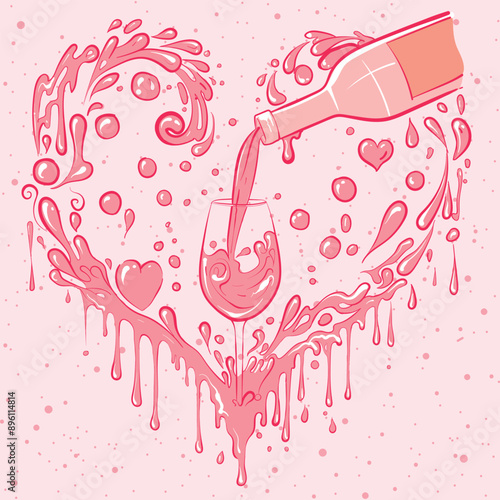 Drawing of a bottle pouring wine into a glass with heart shaped liquid around it for Valentine's Day. Motion romantic clipart for honeymoon and wedding celebrating love