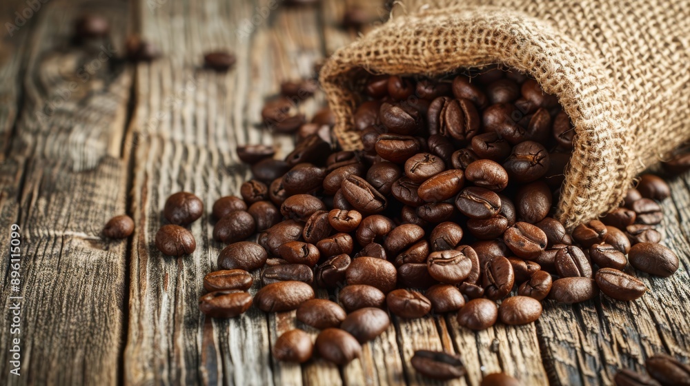 Rustic Burlap Sack with Fresh Coffee Beans Spilling on Weathered Wooden Table - Natural and Raw Aesthetic Rustic Burlap Sack with Fresh Coffee Beans Spilling on Weathered Wooden Table - Natural and Raw Aesthetic