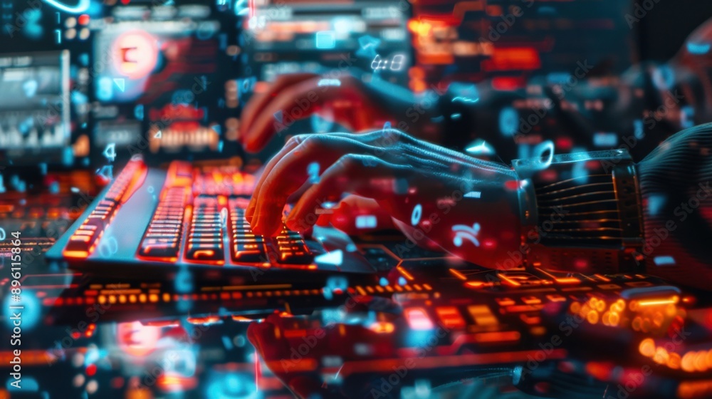 A person is typing on a keyboard with a red background A person is typing on a keyboard with a red background