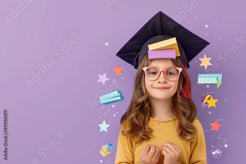 A child wearing a graduation cap with paper cut books and stars on a light purple background an early education milestone
