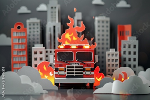 A fire truck racing to a paper cut burning building with flames and smoke on a dark gray background a scene of emergency response