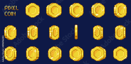 Pixel coin animation sprite. Retro 8 bit game money golden coins and bonus objects, 2d arcade video game asset. Vector golden money and pixel gold coin collection
