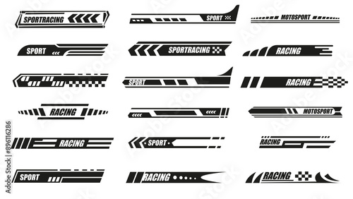 Black sport car stickers. Racing labels, sport car sticker and fast automobile decals, monochrome wrap and racing badges. Vector sport stickers isolated set.