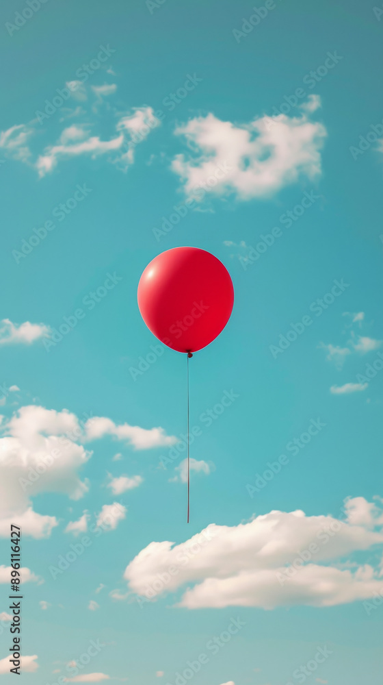 Fototapeta premium Red balloon floating in blue sky with white clouds, uplifting concept