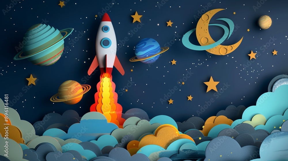 A rocket launching into space with paper cut stars and planets on a dark blue background a moment of exploration A rocket launching into space with paper cut stars and planets on a dark blue background a moment of exploration