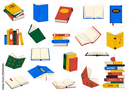 Books stacks for reading, pile of textbooks for education. Literature, dictionaries and encyclopedias, planners with bookmarks. Color vector illustration isolated education and literature concept.