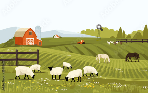 Rural spring landscape countryside with farm field with green grass, flowers, trees. Farmland with house and windmill. With farm animals horse and sheep. Outdoor village scenery. Vector background