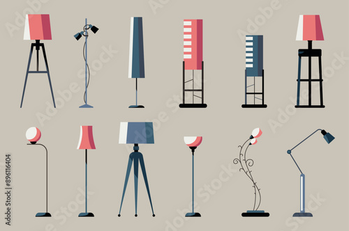 Floor lamp. Light standing furniture interior, light bulb in Scandinavian cozy style vector set. Spotlight electric equipment