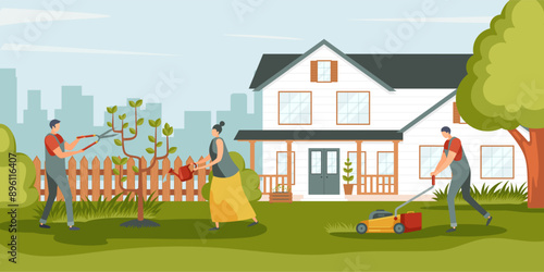 People gardening. Young man and woman care about garden, watering and cutting tree and grass. Characters growing saplings. Green environment. Flat vector illustration.