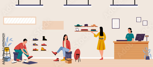 People in store. Men and women shopping at supermarket. Customers fitting and purchasing shoes. Retail shop boutique interior with consumers vector illustration.