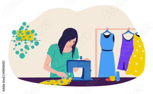 Seamstress. Young woman working on sewing machine at home. Workplace of seamstress. Fashion designer, dressmaker. Needlework, hobbies, home leisure. Vector illustration.
