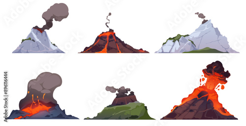 Volcano eruption. Mountains with fire lava explosion with smoke. Volcanic magma flow element for dangerous computer game landscape. Volcanoes vector isolated set