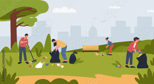 People cleaning up city park. Boys and girls collecting plastic garbage together use rake. Team of active kids pickup rubbish into bags. Protection environment vector concept.