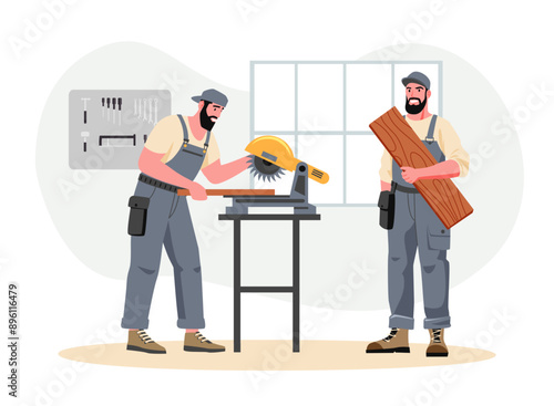 Man carpenter works in workshop. Male making furniture. Joiner with construction equipment. Industrial instruments. Woodwork studio. Handyman holding wood plank professional occupation vector concept