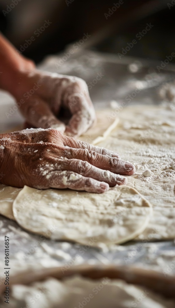Baker's Hands Rolling Out Fresh Tortilla Dough on Floured Surface for Homemade Cooking Baker's Hands Rolling Out Fresh Tortilla Dough on Floured Surface for Homemade Cooking