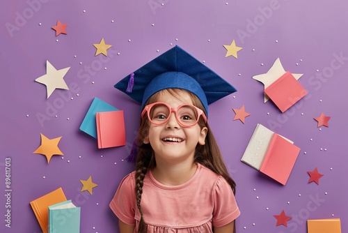 A child wearing a graduation cap with paper cut books and stars on a light purple background an early education milestone photo