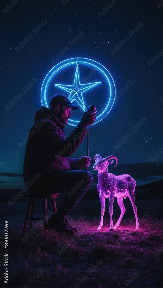 Obraz premium person with a goat by neon light in the desert