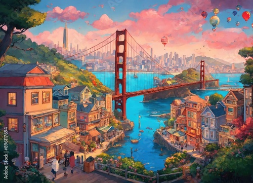 Sunset in San Francisco in watercolor painting style, golden gate bridge