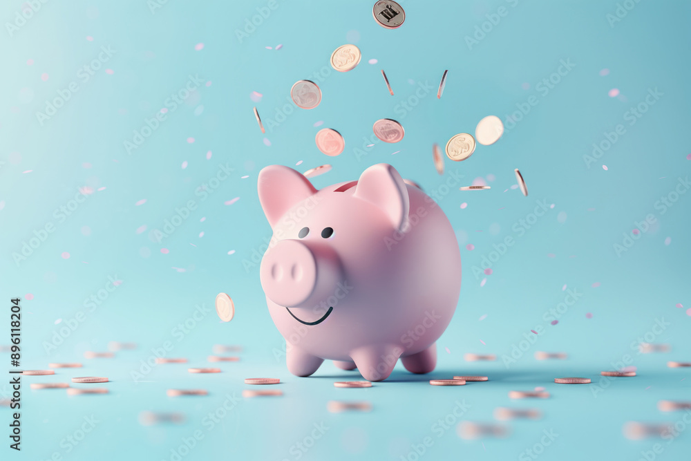 A Pink Piggy Bank With Coins Dropping Into. Coins Falling To Pink Piggy Saving , Financial And Money Deposit Concept A Pink Piggy Bank With Coins Dropping Into. Coins Falling To Pink Piggy Saving , Financial And Money Deposit Concept