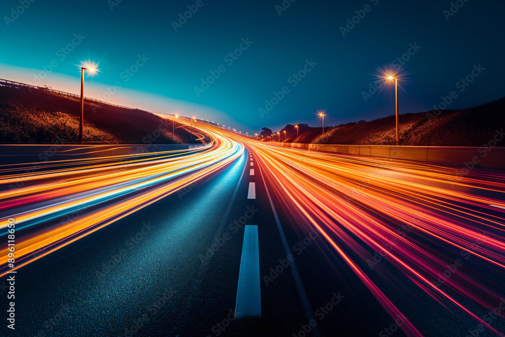 Blurred lights streak across a highway in a long exposure night scene, showcasing motion and color.