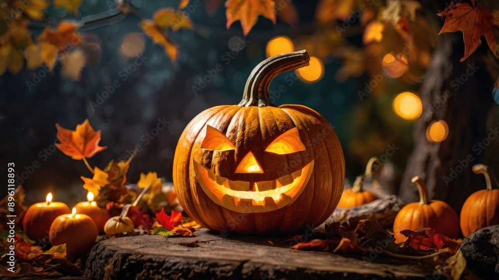 Jack-O'-Lantern's Glowing Smile: A grinning jack-o'-lantern sits on a tree stump, its candlelight illuminating the surrounding autumn leaves and smaller pumpkins. The scene evokes a spooky yet charmin Jack-O'-Lantern's Glowing Smile: A grinning jack-o'-lantern sits on a tree stump, its candlelight illuminating the surrounding autumn leaves and smaller pumpkins. The scene evokes a spooky yet charmin