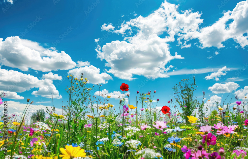 A vibrant summer landscape with a field of blooming wildflowers A vibrant summer landscape with a field of blooming wildflowers