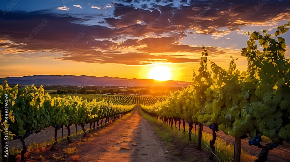 Naklejka premium A serene sunset over rolling countryside hills, with a lone tree silhouetted against the golden sky
