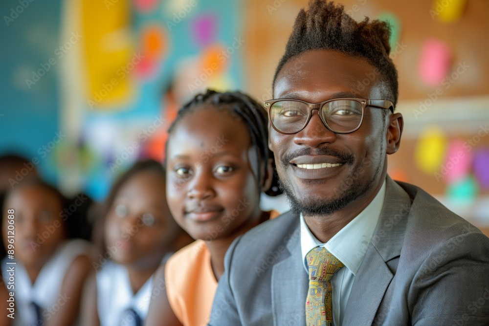 Smiling teacher in suit with students in colorful classroom, fostering a positive learning environment. Smiling teacher in suit with students in colorful classroom, fostering a positive learning environment.
