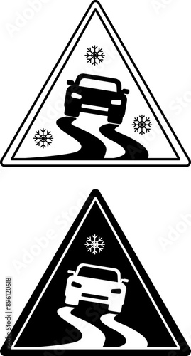 Slippery Road Signs. Black and White Vector Icons. The car is driving on a slippery road. Danger Warning Sign